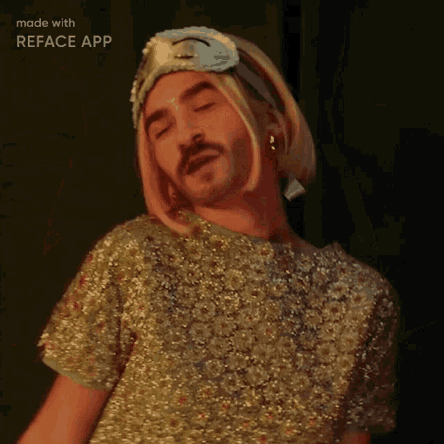 a man wearing a wig and earrings is made with the reface app