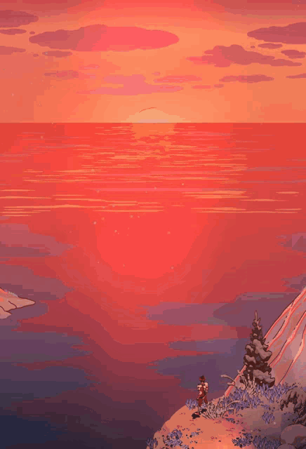 a sunset over a body of water with a person standing on a cliff in the foreground