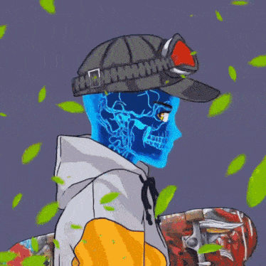 a painting of a person with blue paint on their face holding a skateboard