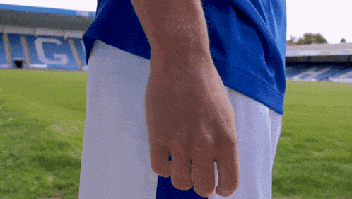 a man in a blue shirt and white shorts is standing in front of a stadium with the letters hgv on the stands