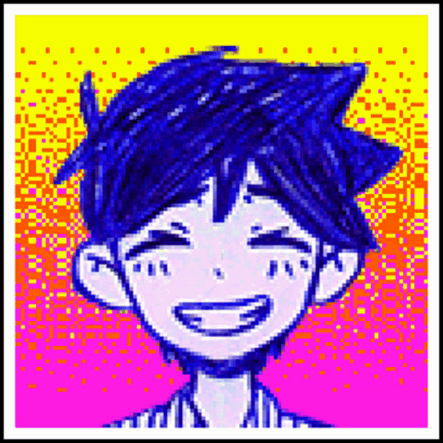 a pixel art of a boy with blue hair laughing