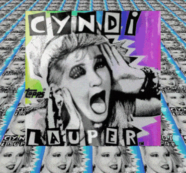 a cyndi lauper poster is surrounded by a bunch of cyndi lauper stickers