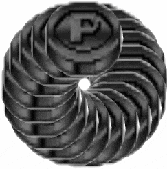 a black and white image of a circle with a letter p in the middle .