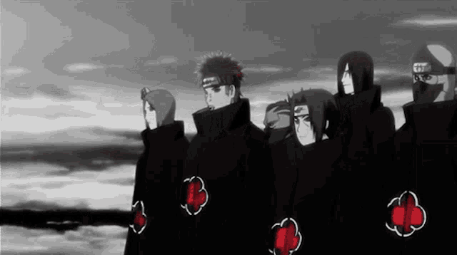 a group of anime characters are standing next to each other with red hearts on their jackets