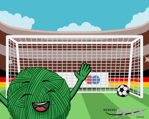 a cartoon illustration of a ball in a goal with weberei dahle written on the bottom right
