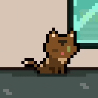 a pixel art drawing of a cat sitting on the floor next to a window .