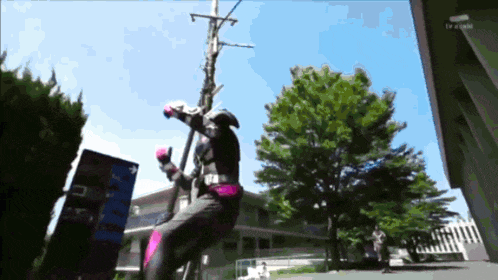 a person in a purple and black outfit is standing on a pole