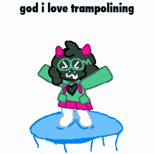 a cartoon character is jumping on a trampoline with the words god i love trampolining