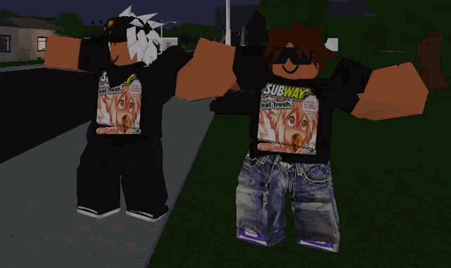 two roblox characters wearing shirts that say subway