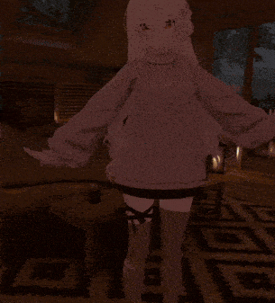 a girl in a sweater and knee high socks is standing in a room