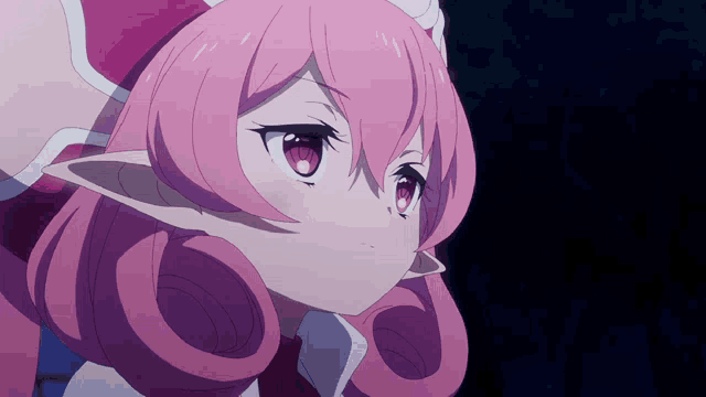 a girl with pink hair and red eyes is looking up