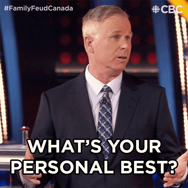 a man in a suit and tie asks what 's your personal best