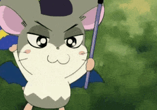 a cartoon mouse is holding a stick and looking angry