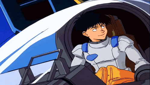 a man in a space suit is sitting in the cockpit of a space ship
