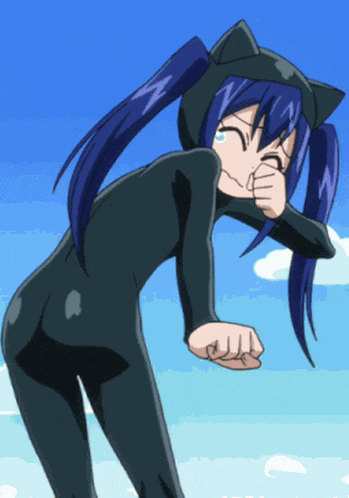 a girl with blue hair is wearing a cat costume and crying