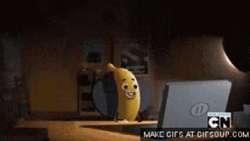 a banana is standing in front of a laptop with cn on the bottom right