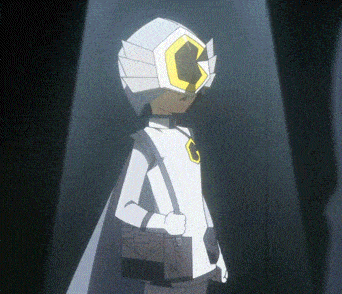 a cartoon character wearing a white cape and a helmet with a yellow c on it