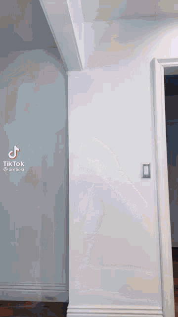 a tiktok video of a person standing next to a white door