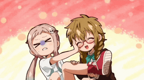 a girl with glasses is holding another girl 's leg in a cartoon
