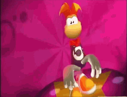 a cartoon character is jumping in the air with a pink background .