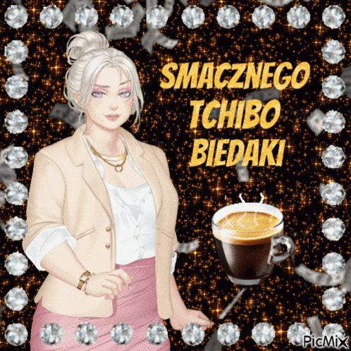 a picture of a woman holding a cup of coffee with the words smacznego tchbo biedaki above her