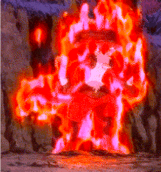a painting of a person surrounded by flames with a purple background