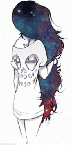 a drawing of a girl with long galaxy hair