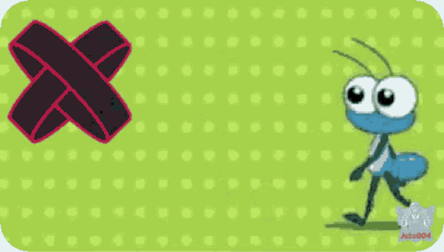 a cartoon ant is standing in front of a cross on a green background with polka dots .