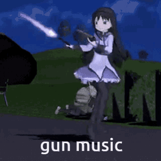 a cartoon of a girl holding a gun with the words gun music written below her .