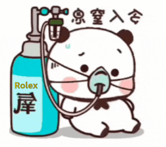 a cartoon panda wearing an oxygen mask next to a bottle of rolex