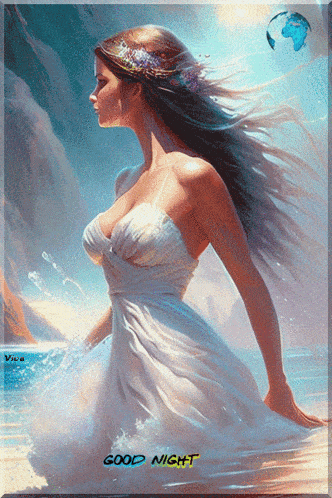 a painting of a woman in a white dress and the words good night