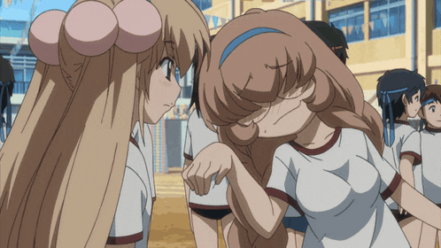 two anime girls are standing next to each other and one has a blue headband on her head