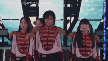 a group of girls in military uniforms are standing in front of a screen that says ' forever sisters ' on it