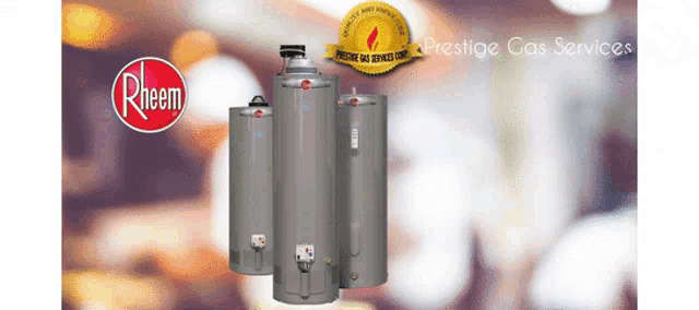a group of rheem water heaters are lined up