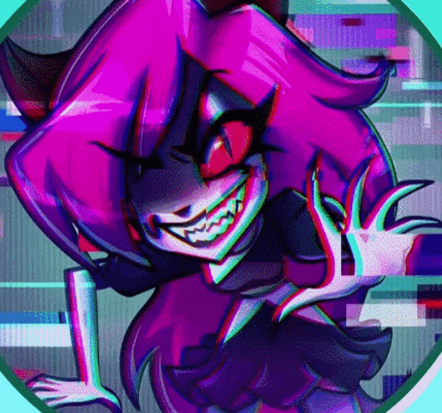 a cartoon character with purple hair and red eyes is standing in a circle