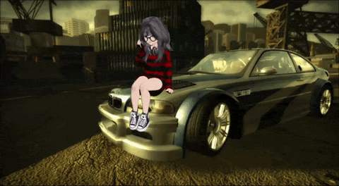 a girl is sitting on the front of a car that says m3 on it