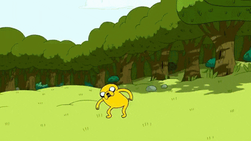 a cartoon character named jake is walking through a grassy field