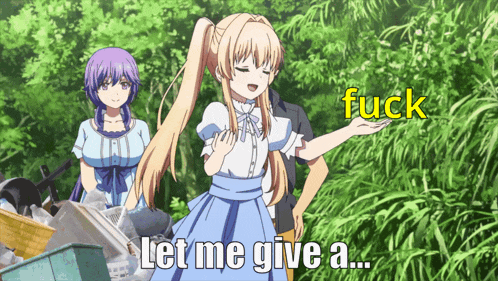 a girl in a blue dress stands in front of a pile of trash and says let me give a fuck