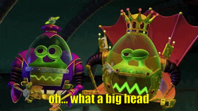 two cartoon characters are standing next to each other with the caption oh what a big head
