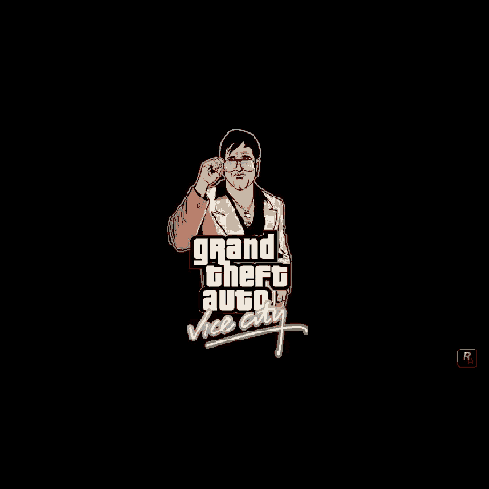 a man is talking on a cell phone with the grand theft auto vice city logo behind him