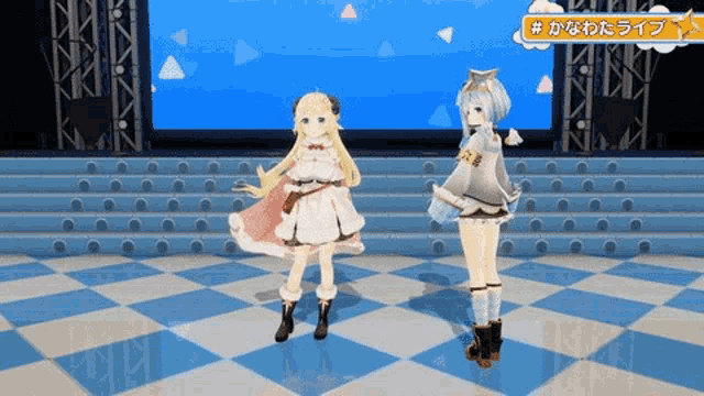 two anime girls are standing next to each other on a checkered floor on a stage .