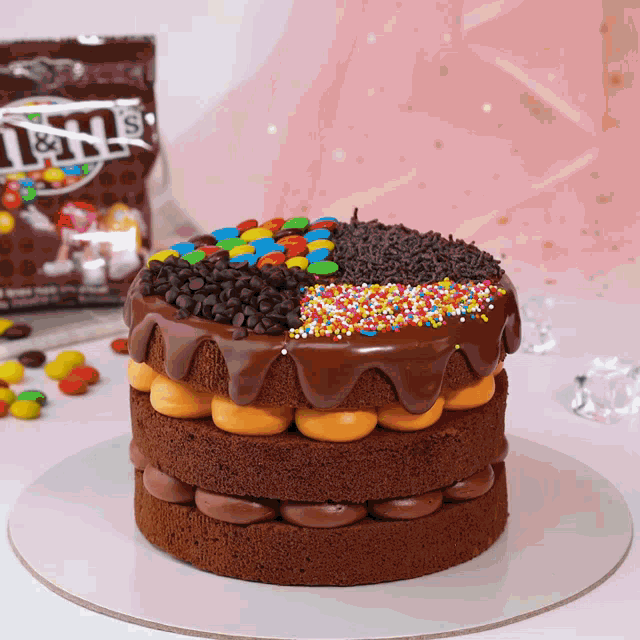 a chocolate cake with m & m 's and sprinkles on top