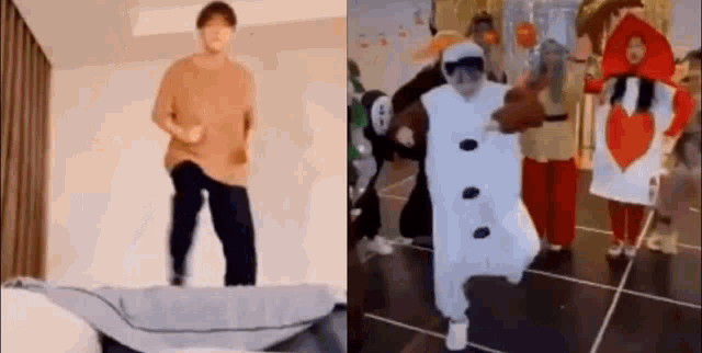 a man is standing on a bed next to a group of people dressed in costumes .