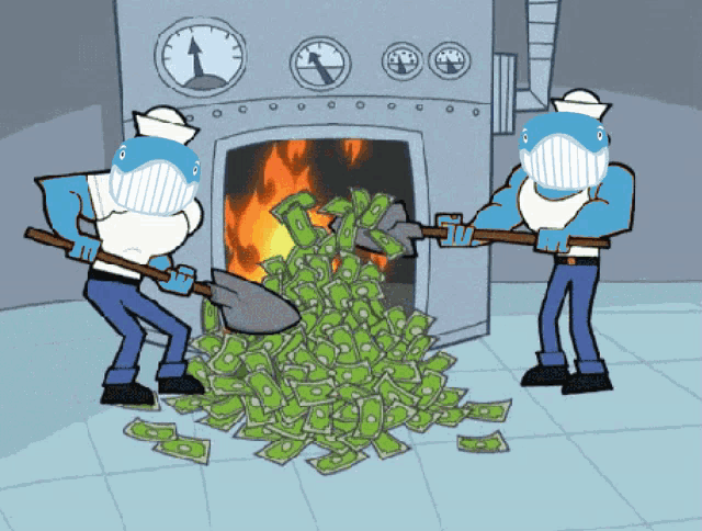 a cartoon of two whales shoveling money into a furnace
