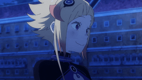 a girl with blonde hair and purple eyes is standing in front of a blue building