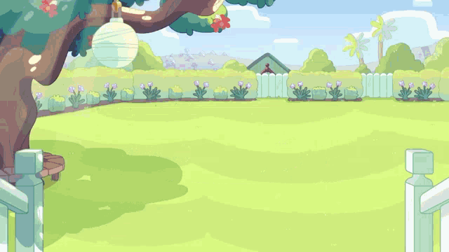 a cartoon character is standing in a grassy area