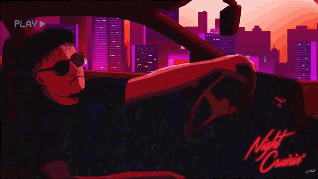 a cartoon of a man driving a car with the words night cruise written on the bottom