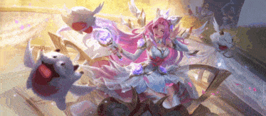 a girl with pink hair is sitting on a chair holding a mirror and a sword .