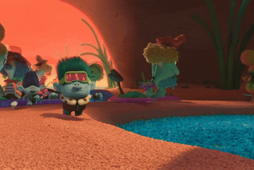 a group of trolls standing around a pool of water