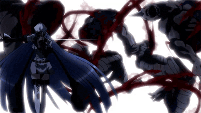 a woman with a sword in her hand is surrounded by monsters with blood coming out of them